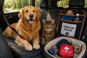 A dog and a cat traveling together, representing puppy and kitten import age requirements