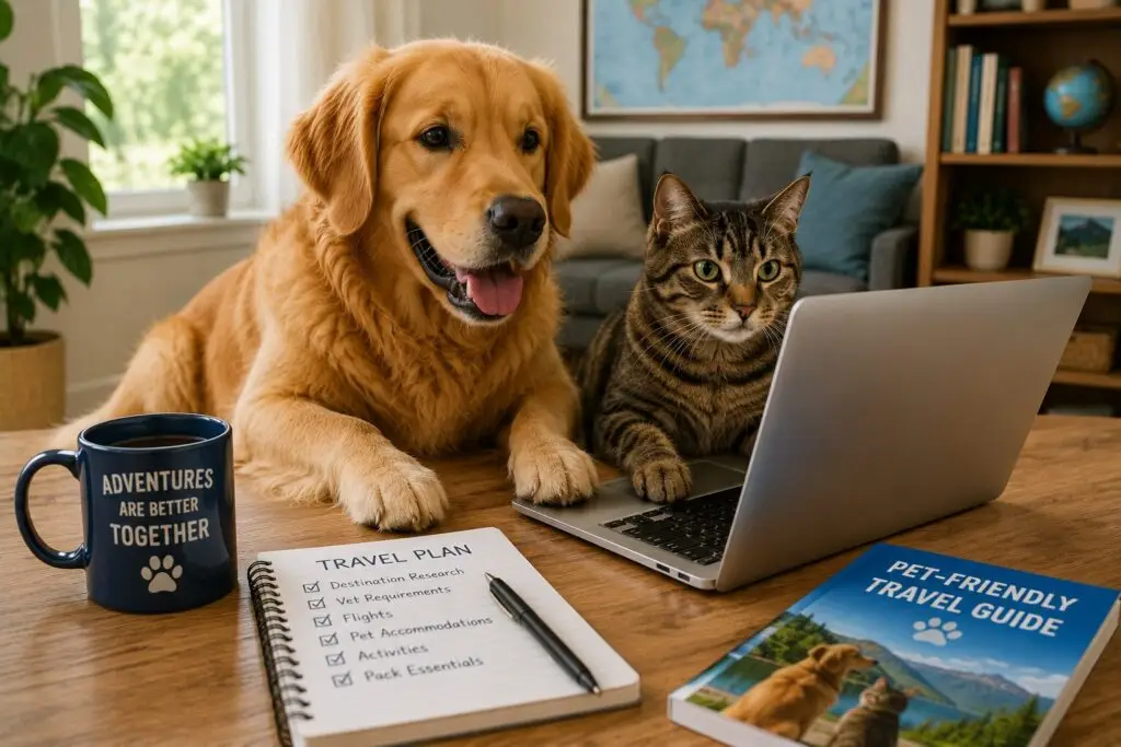 A dog and a cat looking at a computer while planning their trip documents