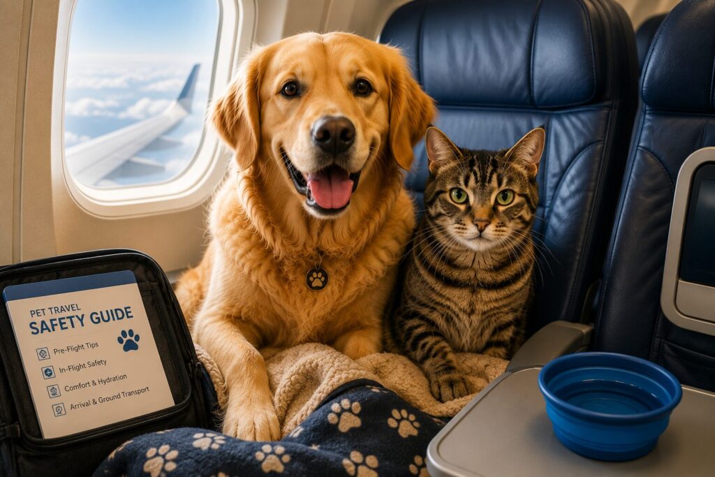 A dog and a cat sitting together on an airline seat, representing pet travel policies for flights to the United States