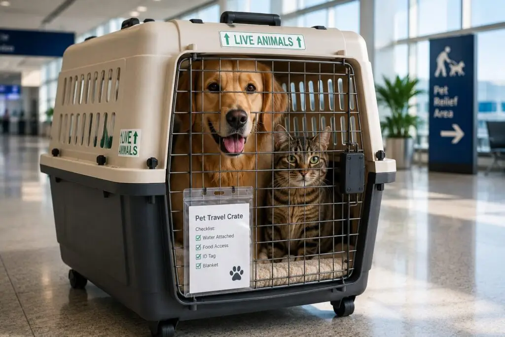 A dog and cat sharing a hard-sided IATA-approved carrier at the airport, prepared for cargo shipment