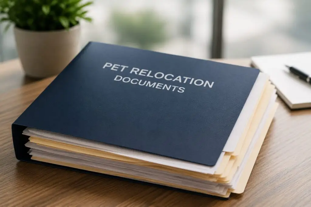 A folder labeled Pet Relocation Documents on a desk