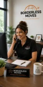 Borderless Moves representative answering a phone call at her desk