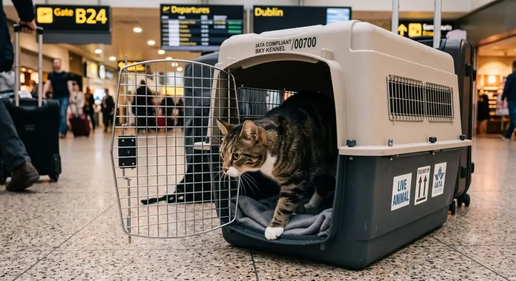 A cat in an IATA-approved travel carrier, representing Emirates' pet travel policy
