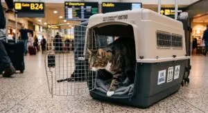 A cat in an IATA-approved travel carrier, representing Emirates' pet travel policy