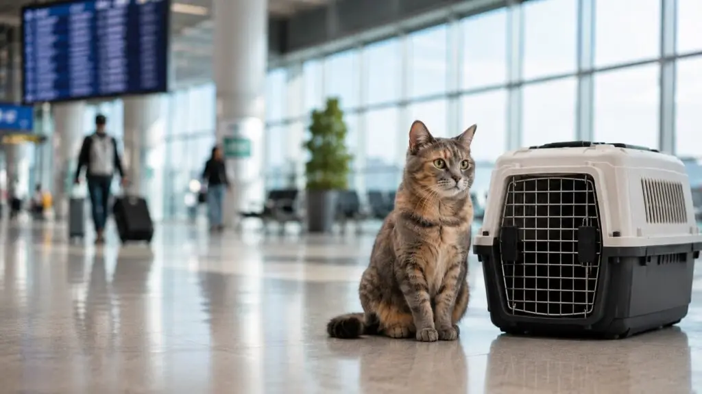 A cat prepared for international pet travel, representing Lufthansa's pet travel policy
