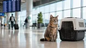 A cat prepared for international pet travel, representing Lufthansa's pet travel policy