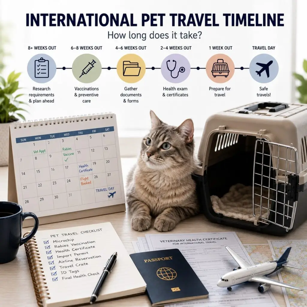 A cat prepared for international pet travel, representing KLM's pet travel policy