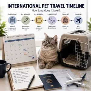A cat prepared for international pet travel, representing KLM's pet travel policy