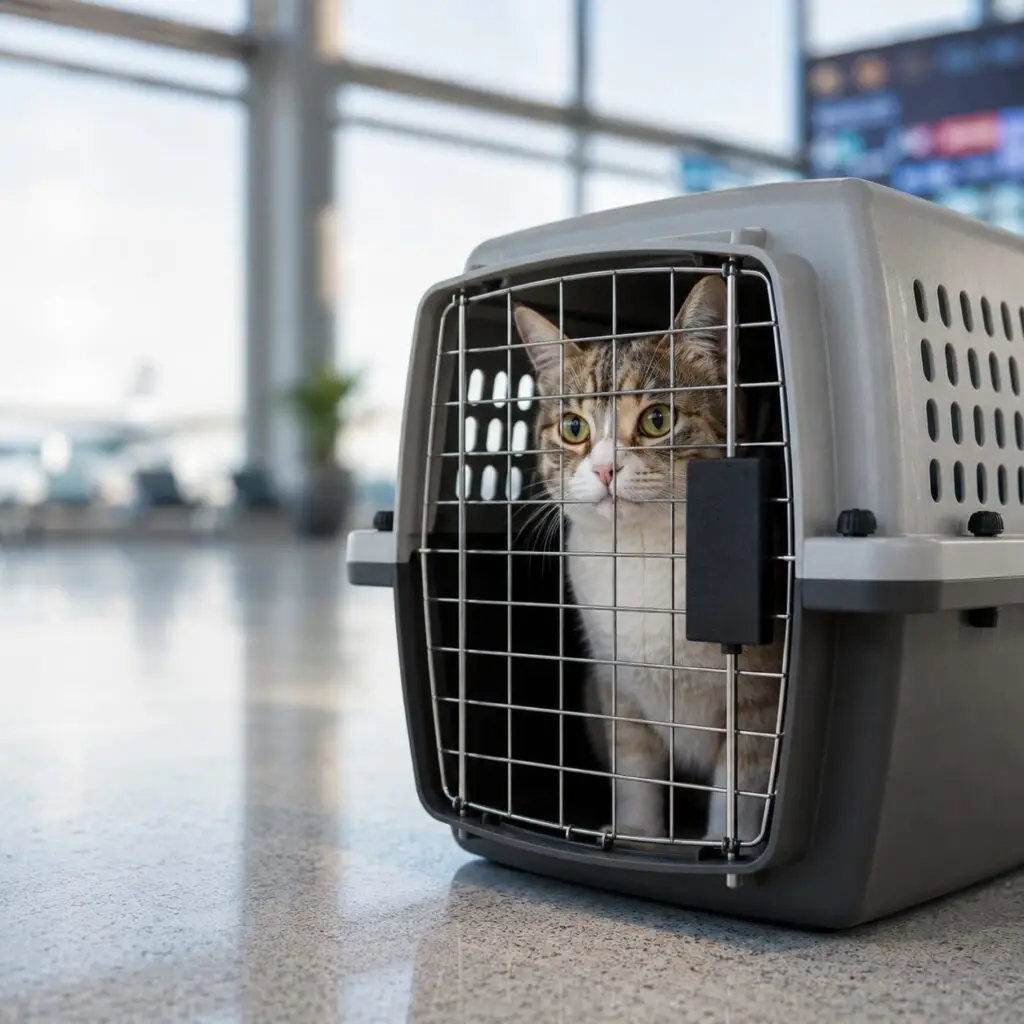 A cat in an airport inside an IATA-approved travel carrier