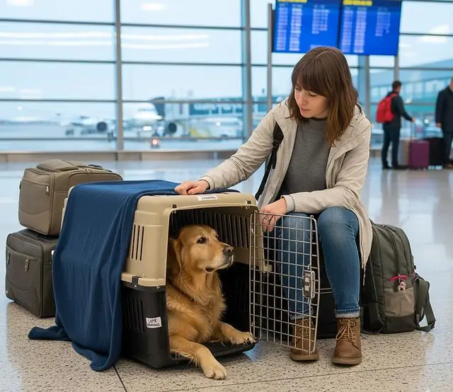 A dog with its owner at the airport, representing an international rescue dog adoption journey