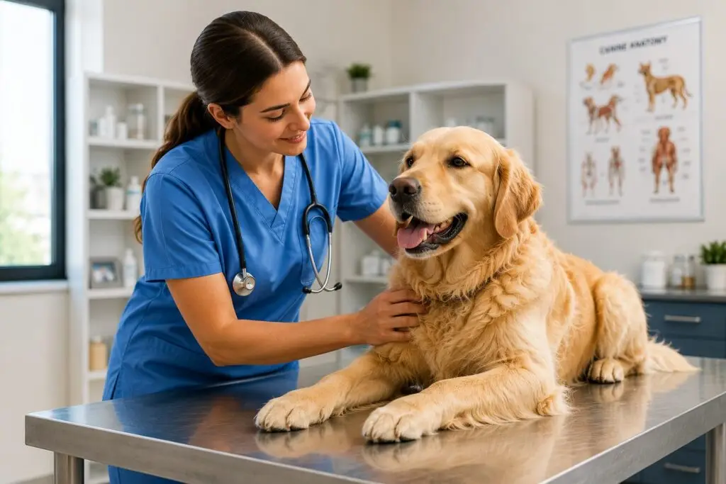 Veterinarian examining a dog for the rabies vaccination and health checks required to bring a dog into the United States
