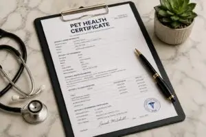 A veterinary pet health certificate document for international travel