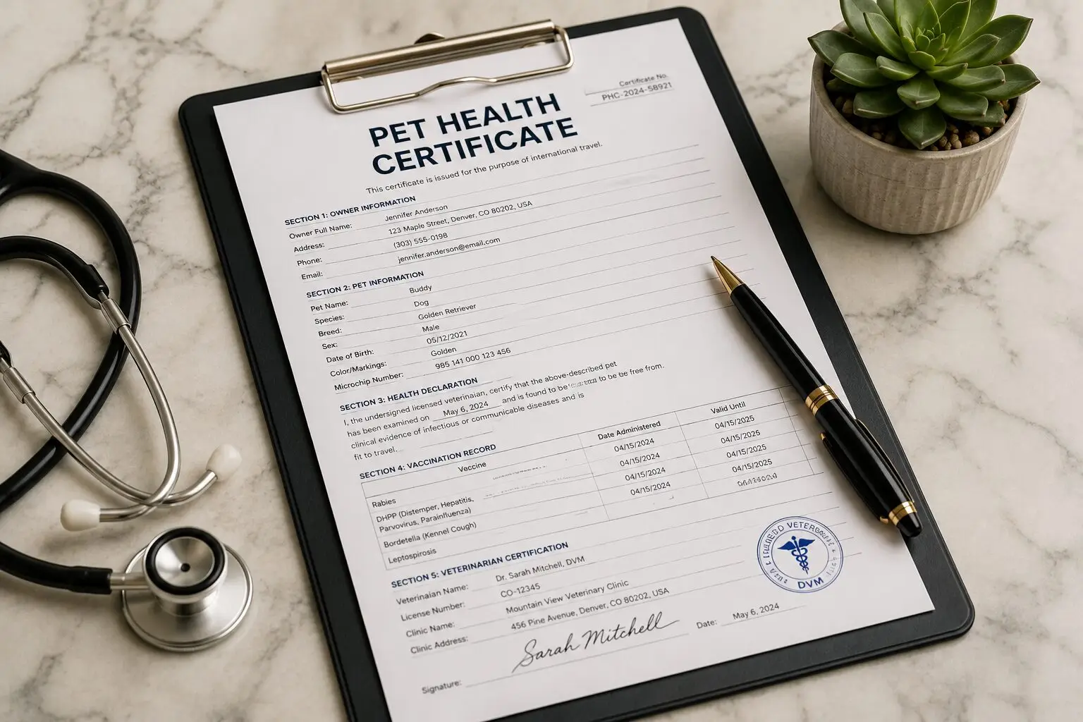 A veterinary pet health certificate document for international travel