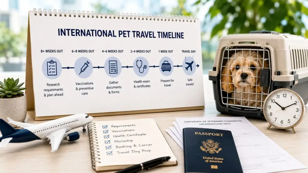 A dog preparing for international travel, representing CDC low-risk country entry requirements