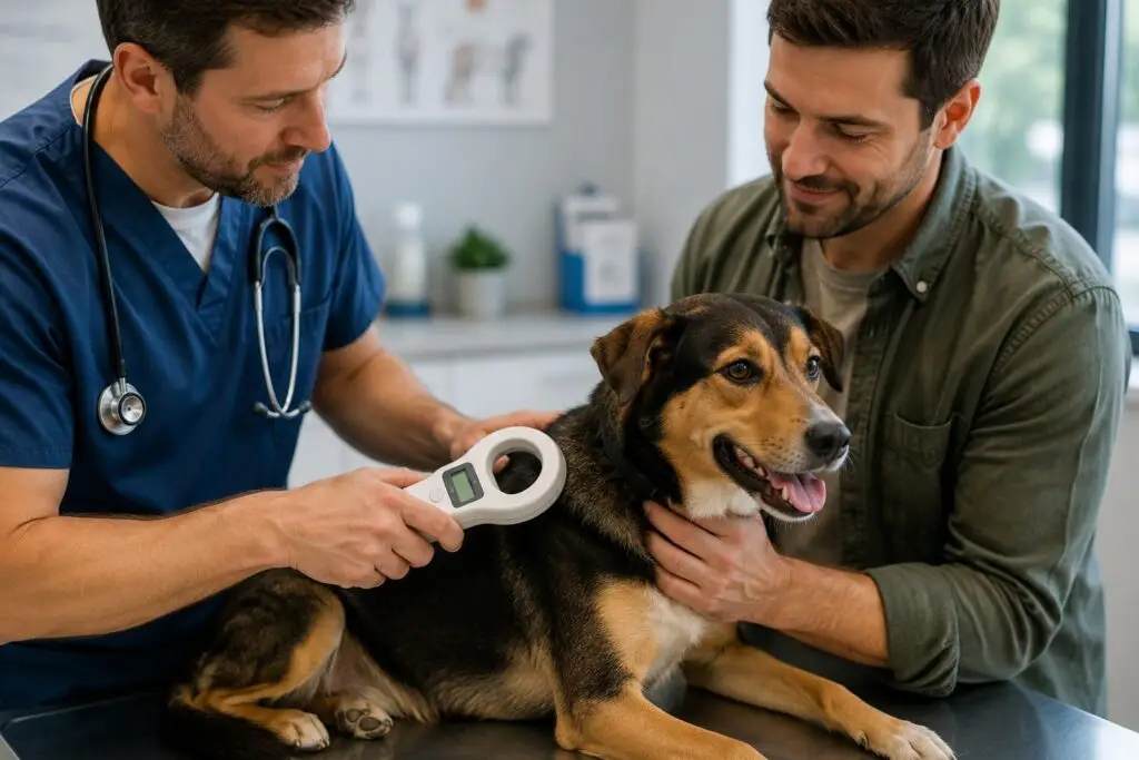 Veterinarian scanning a dog’s microchip before international travel to the United States