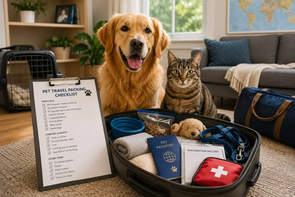 Dog and cat beside a pet travel checklist and travel carrier