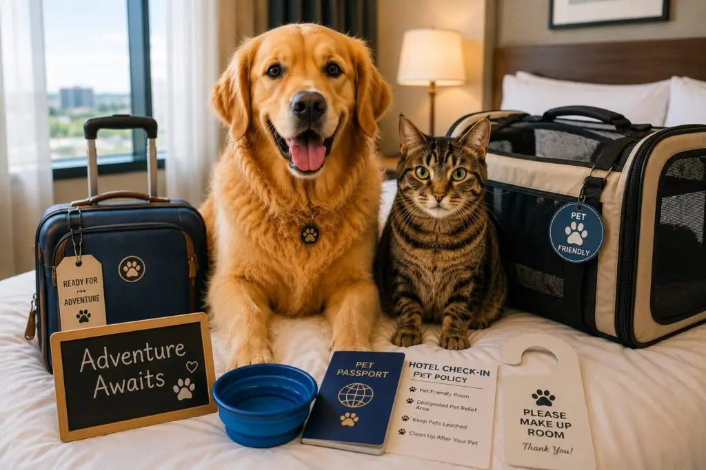 A dog and cat with a passport and travel checklist notes, preparing for an international pet relocation