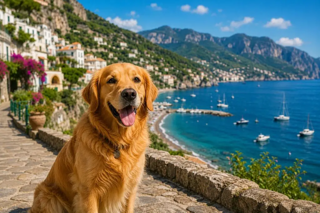 Dog standing on a coastal road, representing pet travel and relocation to the United States