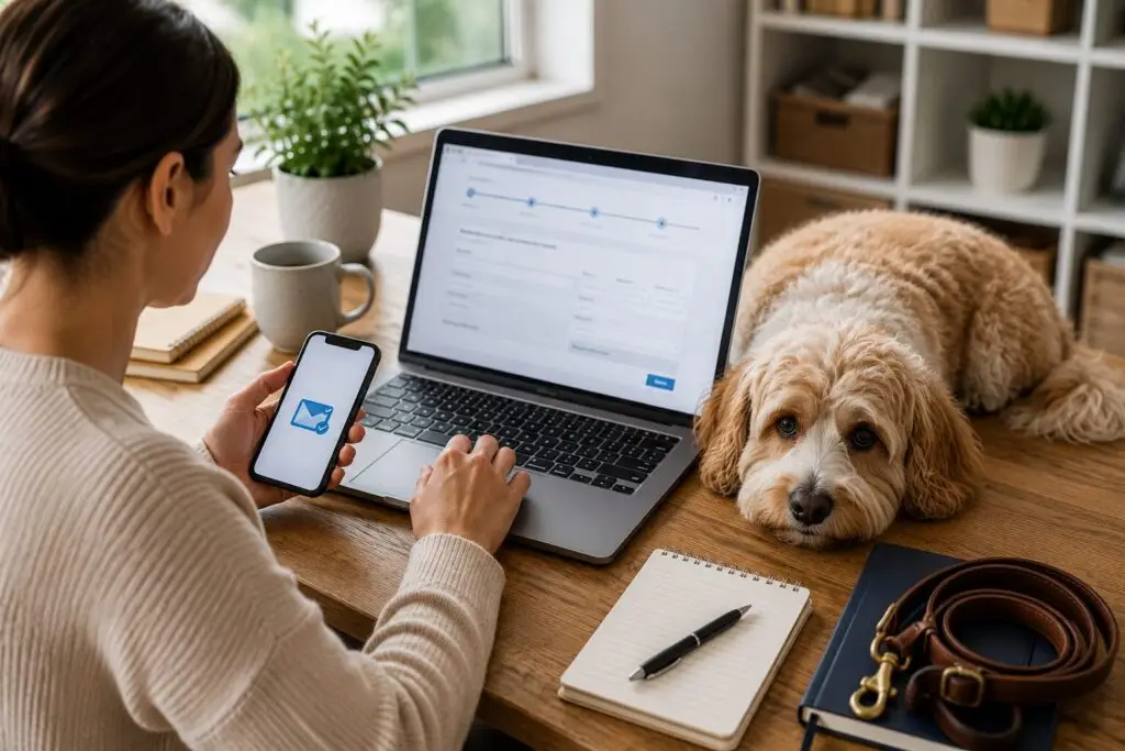 Woman filling out an online pet travel form on a laptop with her dog resting beside her on the desk