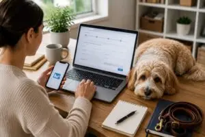 Woman filling out an online pet travel form on a laptop with her dog resting beside her on the desk