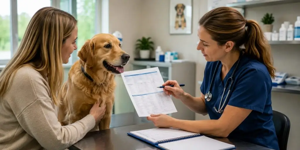 Woman and veterinarian reviewing a pet travel checklist with a dog