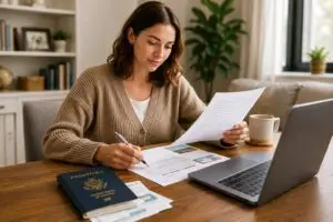 A pet owner reviewing paperwork and costs at a desk while planning an international pet move
