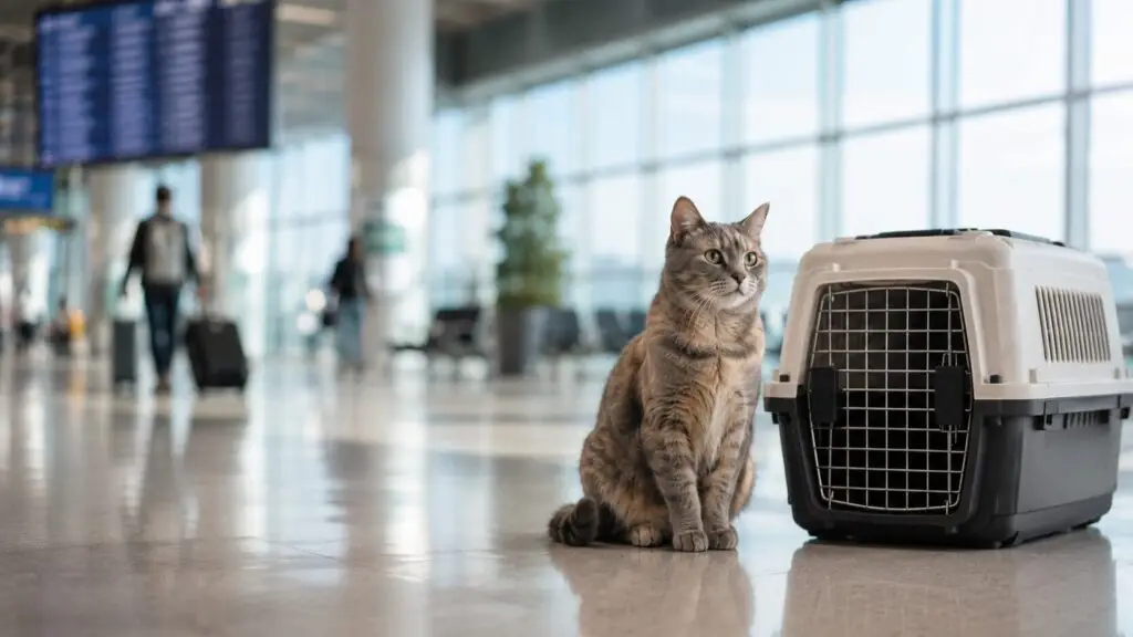 A cat beside its travel carrier at the airport, preparing for international relocation to the United States