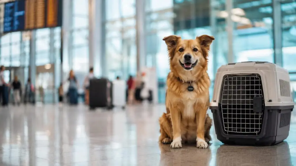 A dog beside its travel carrier at the airport, preparing for international relocation to the United States